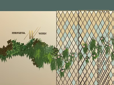 Artistic Floral Installation Design With Hanging Greenery Diamond Pattern Backdrop And Lush Foliage 3d model