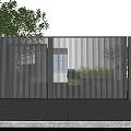 Modern Metal Slatted Entrance Gate With Green Trees And Stone Paved Ground