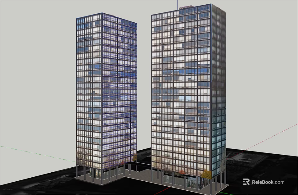 Twin Modern High Rise Buildings With Glass Curtain Walls And Urban Architecture Elements 3d model 
