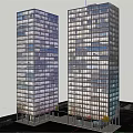 Twin Modern High Rise Buildings With Glass Curtain Walls And Urban Architecture Elements