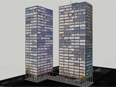 Twin Modern High Rise Buildings With Glass Curtain Walls And Urban Architecture Elements 3d model