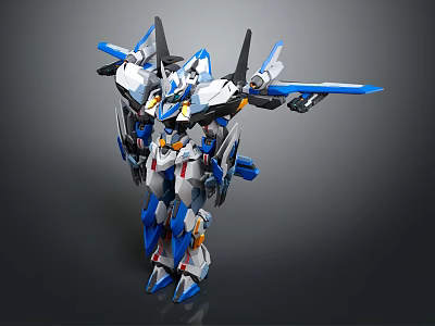 Blue And White Mechanical Robot Character With Winged Structure And Dynamic Pose 3d model