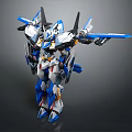 Blue And White Mechanical Robot Character With Winged Structure And Dynamic Pose 3d model