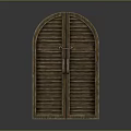 Wooden Louvered Double Door With Arched Top And Metal Handle Design
