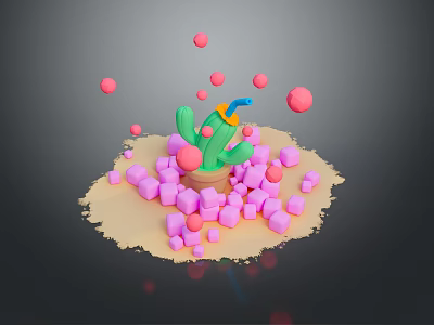 Green Cactus Surrounded by Pink Cubes and Floating Spheres on Sandy Ground 3d model
