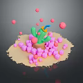 Green Cactus Surrounded by Pink Cubes and Floating Spheres on Sandy Ground