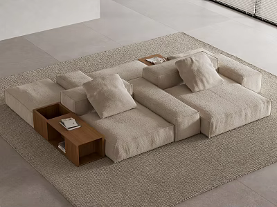 Modern Sectional Sofa With Soft Cushions On Beige Rug And Wooden Side Tables 3d model