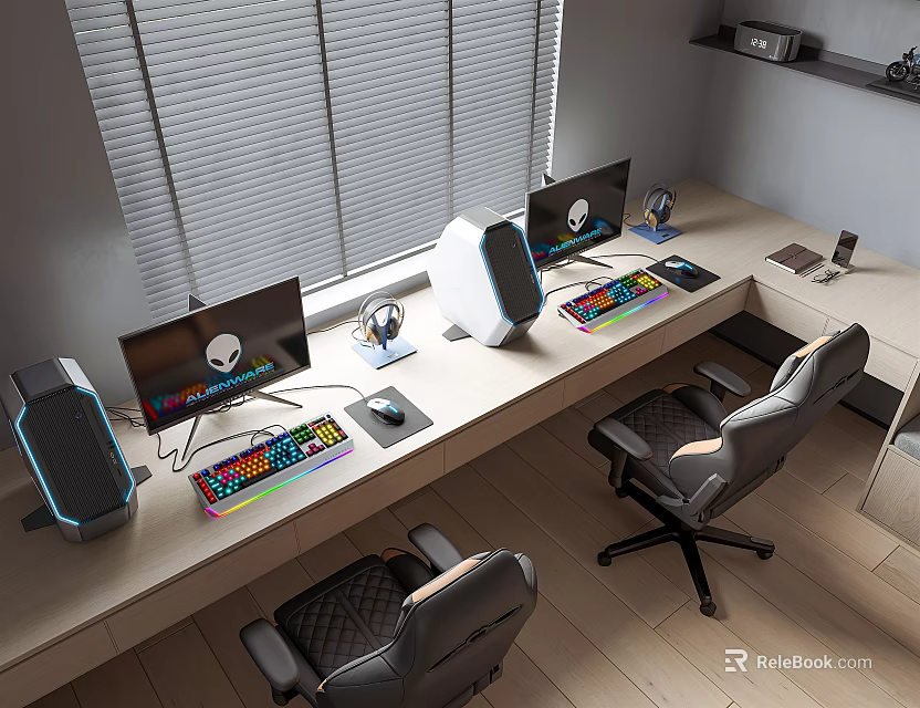 Modern Gaming Desk Setup With Dual Monitors RGB Keyboard Gaming Chairs And Window Blinds 3d model 