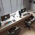 Modern Gaming Desk Setup With Dual Monitors RGB Keyboard Gaming Chairs And Window Blinds
