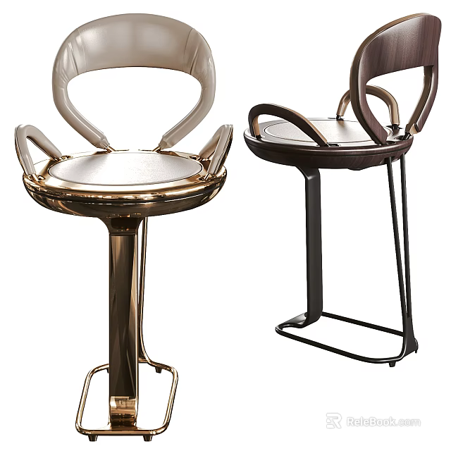 Two Modern Bar Stools With Curved Backrest Leather Seats And Metal Frames 3d model 