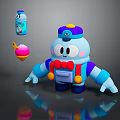 Blue Cartoon Game Movie Character With Hat Red Bow Tie Ice Cream Cone And Bottle