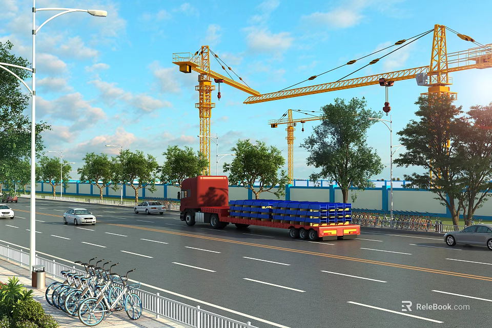Functional Truck Driving On Urban Road Near Construction Site With Cranes Trees And Bicycles 3d model 