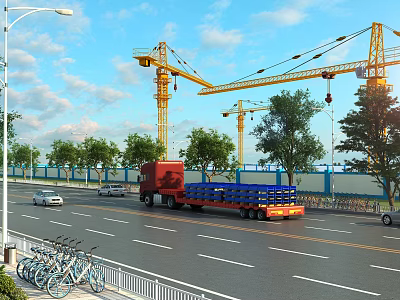 Functional Truck Driving On Urban Road Near Construction Site With Cranes Trees And Bicycles 3d model