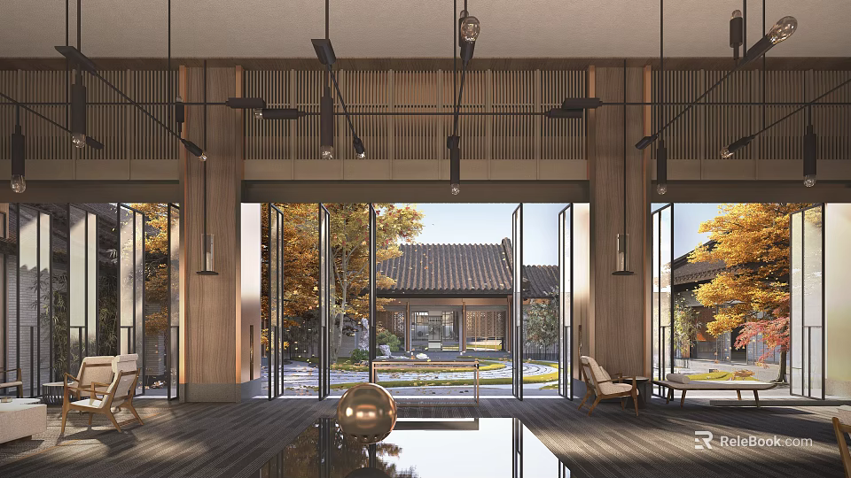 Modern Interior Space With Wooden Structure Large Glass Windows And Traditional Courtyard View 3d model 