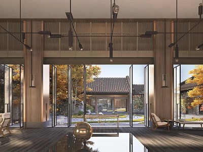 Modern Interior Space With Wooden Structure Large Glass Windows And Traditional Courtyard View 3d model