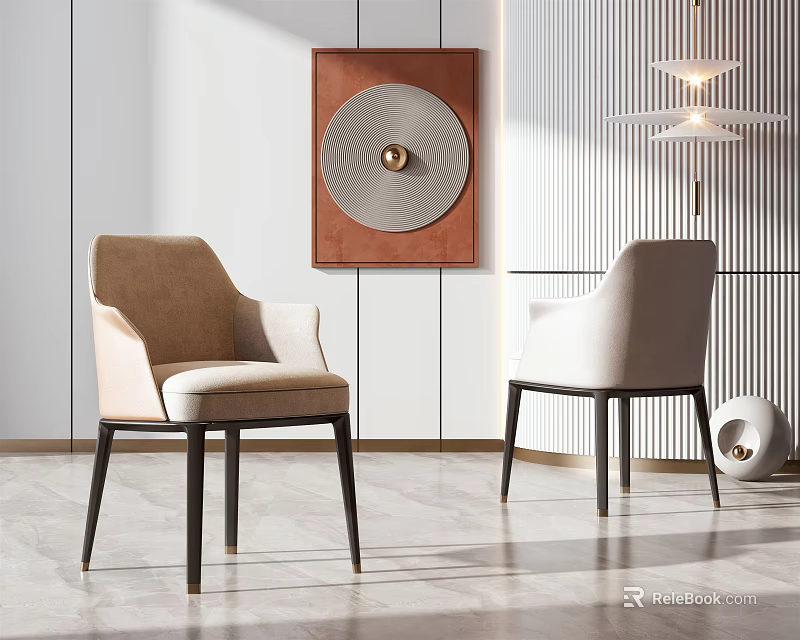 Modern Dining Chairs With Beige Cream Upholstery And Black Legs In Minimalist Interior 3d model 