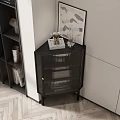 Stylish Modern Black Cabinet With Ribbed Glass Doors And Decorative Artwork Near Bookshelf