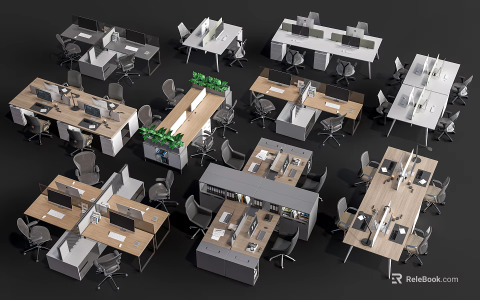 Modern Office Interior With Multiple Desks Chairs Partitions And Green Plants 3d model 