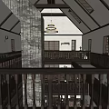 Hotel Lobby Interior With Wooden Floor Chandelier Bar Counter And Balcony