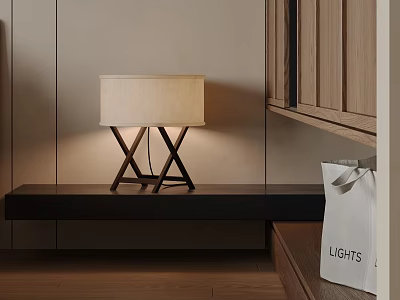 Modern Wooden Table Lamp With Beige Lampshade On Black Shelf In Minimalist Interior 3d model