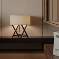 Modern Wooden Table Lamp With Beige Lampshade On Black Shelf In Minimalist Interior