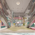 Vibrant Shopping Mall Atrium with Colorful Building Structures Escalators and Ceiling Lights 3d model