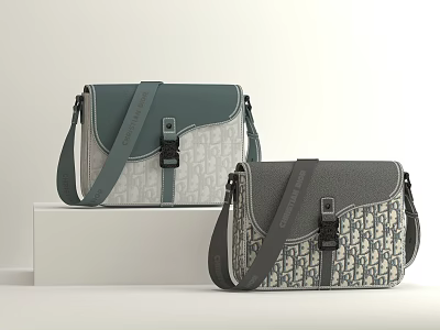 Stylish Gray And Blue Gray Handbags With Logo Pattern Shoulder Strap Displayed On White Platform 3d model