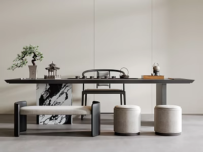 Zen Style Tea Table and Chairs Interior With Potted Plant Tea Set And Marble Stools 3d model