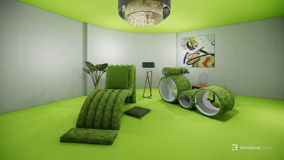 Green Velvet Lounge Chair In Vibrant Green Room With Decorative Painting Chandelier And Potted Plant 3d model 