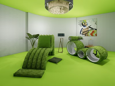 Green Velvet Lounge Chair In Vibrant Green Room With Decorative Painting Chandelier And Potted Plant 3d model