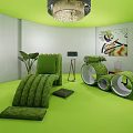 Green Velvet Lounge Chair In Vibrant Green Room With Decorative Painting Chandelier And Potted Plant