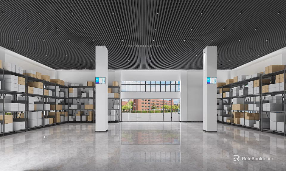 Spacious Warehouse Interior With Black Striped Ceiling Shelves Boxes And Large Windows 3d model 