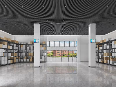 Spacious Warehouse Interior With Black Striped Ceiling Shelves Boxes And Large Windows 3d model