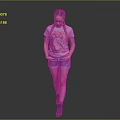 Woman with braided pigtails wearing light blue graphic T-shirt denim shorts and gray shoes