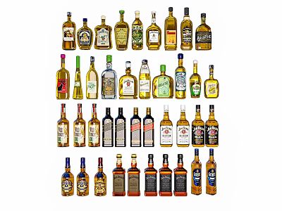 Different Kinds of Liquor Bottles and Glasses Displayed in Neat Rows with Diverse Designs 3d model