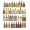 Different Kinds of Liquor Bottles and Glasses Displayed in Neat Rows with Diverse Designs