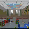 Bright Kindergarten Classroom with Cloud Shaped Lights Yellow Walls and White Round Tables