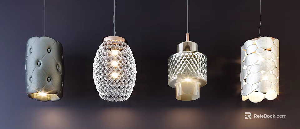 Two Pendant Lights With White Honeycomb And Silver Diamond Patterns Glowing Brightly In Dark Background 3d model 