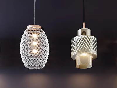 Two Pendant Lights With White Honeycomb And Silver Diamond Patterns Glowing Brightly In Dark Background 3d model