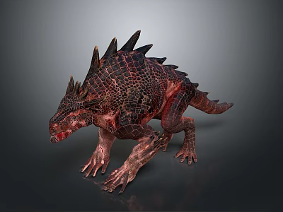 Mythical Red And Black Scaled Dinosaur With Spiked Back Walking Pose 3d model