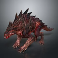 Mythical Red And Black Scaled Dinosaur With Spiked Back Walking Pose