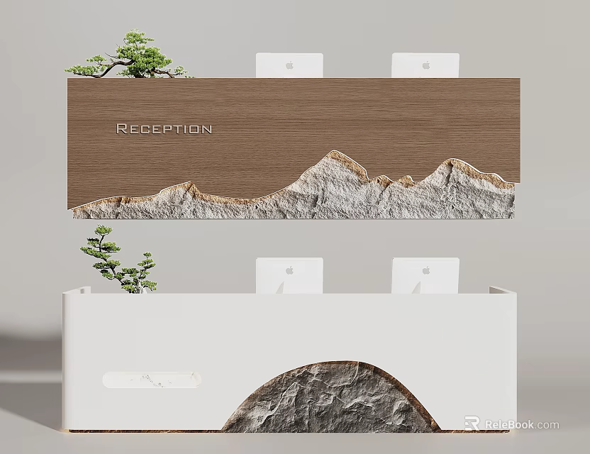 Modern Reception Desk Interior With Wooden Panel Stone Mountain Texture And Plant Decoration 3d model 