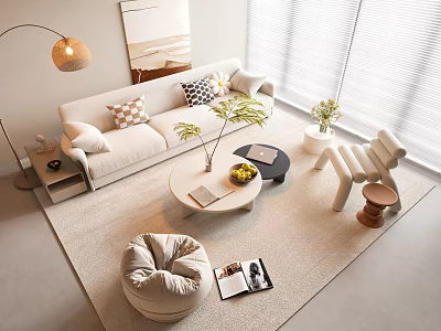 Modern Sofa and Coffee Table Set with Decorative Pillows Floor Lamp and Stool 3d model