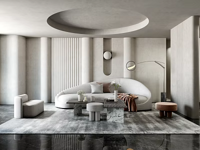 Modern Minimalist Living Room Arched Sofa Coffee Table Set With Marble And Floor Lamp Rug 3d model