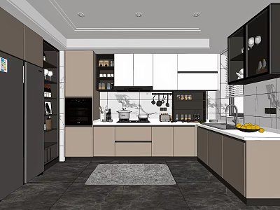 Modern Kitchen Interior Design With White Beige Cabinets Hanging Pots And Countertop 3d model
