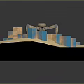 3D Architectural Model With Geometric Blue Structures And Water Elements On Sandy Base