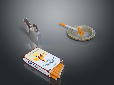 Open Cigarette Pack With Metal Lighter And Glass Ashtray On Surface 3d model