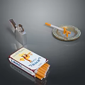 Open Cigarette Pack With Metal Lighter And Glass Ashtray On Surface