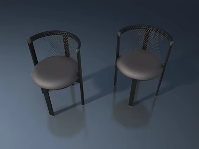 Two Dark Frame Chairs With Gray Cushion And Woven Backrest Design 3d model