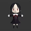Cute Cartoon Girl Character With Black Long Hair Red Eyes And Open Arms In Dark Background
